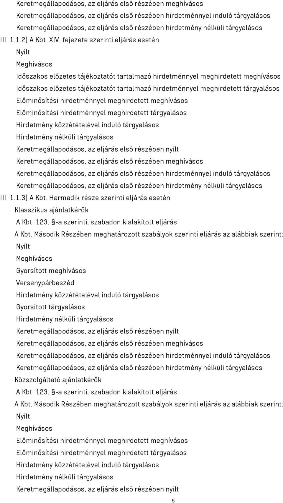 tárgyalásos Előminősítési hirdetménnyel meghirdetett meghívásos Előminősítési hirdetménnyel meghirdetett tárgyalásos Keretmegállapodásos, az eljárás első részében meghívásos III. 1.1.3) A Kbt.