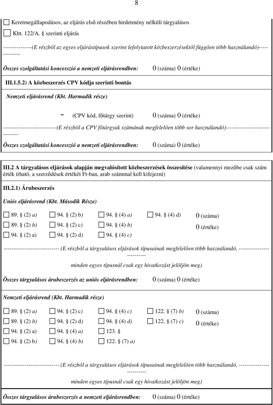 2) A közbeszerzés CPV kódja szerinti bontás -(E részből a CPV főtárgyak számának megfelelően több sor használandó)----- Összes szolgáltatási koncesszió a nemzeti eljárásrendben: III.