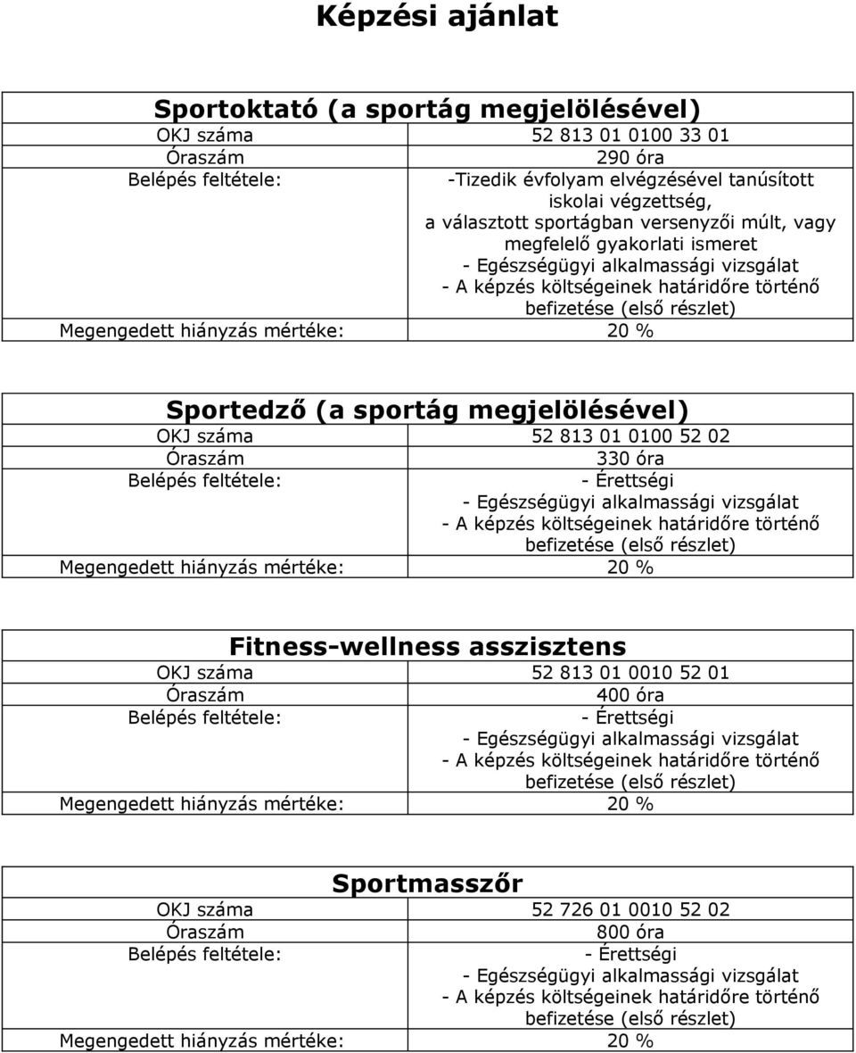 megfelelő gyakorlati ismeret Sportedző (a sportág megjelölésével) OKJ száma 52 813 01 0100 52 02 330 óra