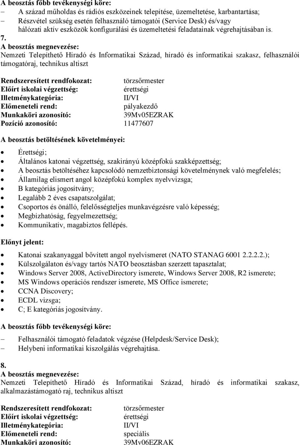 Nemzeti Telepíthető Híradó és Informatikai Század, híradó és informatikai szakasz, felhasználói támogatóraj, technikus altiszt Rendszeresített rendfokozat: törzsőrmester pályakezdő 39Mv05EZRAK