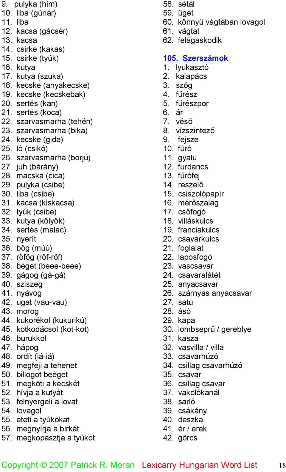 liba (csibe) 31. kacsa (kiskacsa) 32. tyúk (csibe) 33. kutya (kölyök) 34. sertés (malac) 35. nyerít 36. bőg (múú) 37. röfög (röf-röf) 38. béget (beee-beee) 39. gágog (gá-gá) 40. sziszeg 41. nyávog 42.