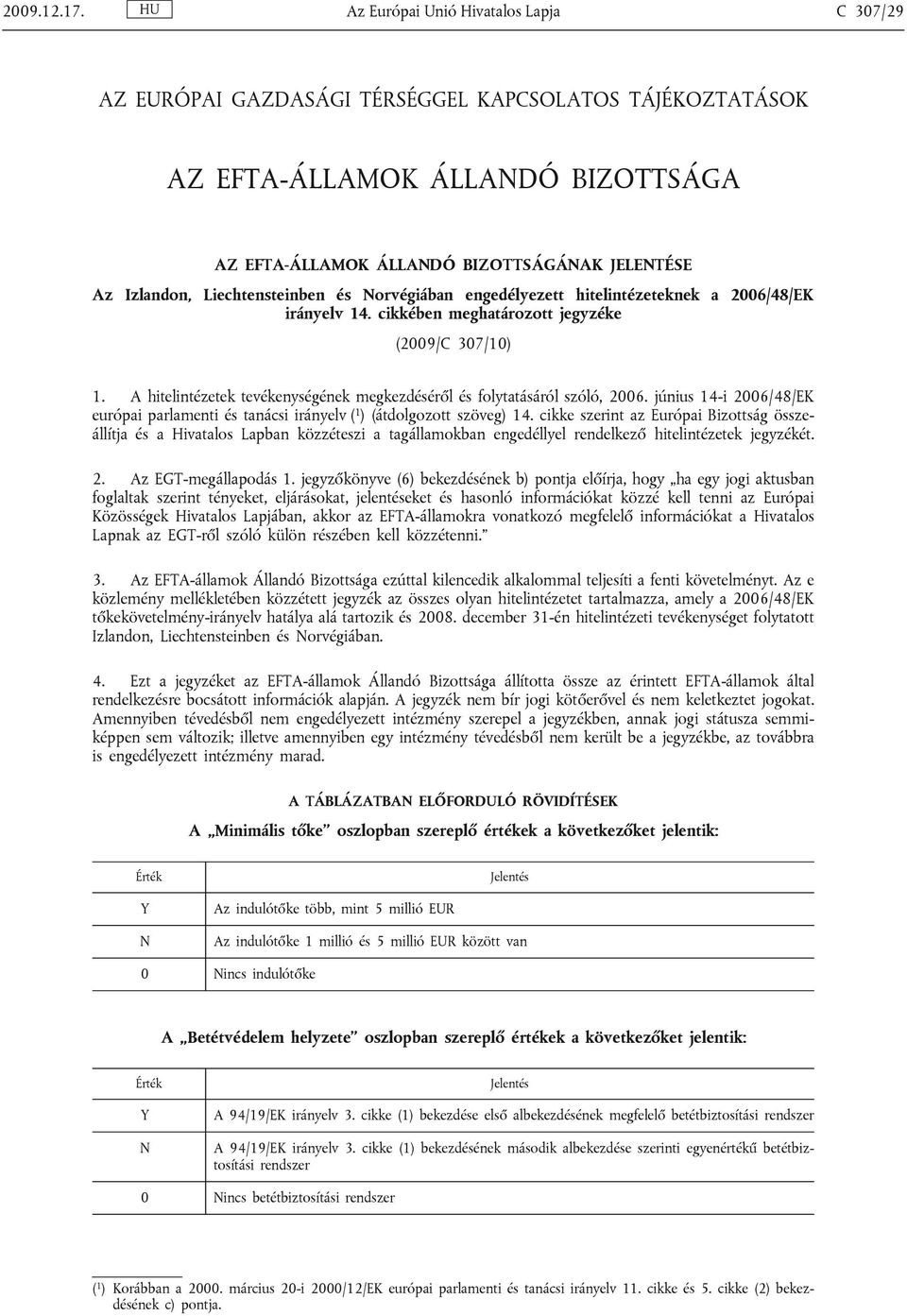 Liechtensteinben és Norvégiában engedélyezett hitelintézeteknek a 2006/48/EK irányelv 14. cikkében meghatározott jegyzéke (2009/C 307/10) 1.