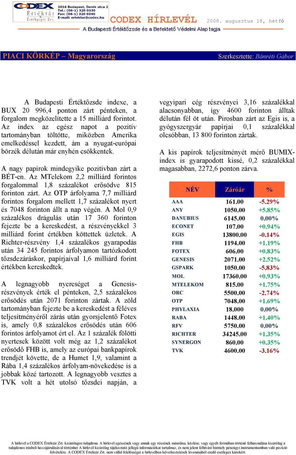 A nagy papírok mindegyike pozitívban zárt a BÉT-en. Az MTelekom 2,2 milliárd forintos forgalommal 1,8 százalékot erısödve 815 forinton zárt.