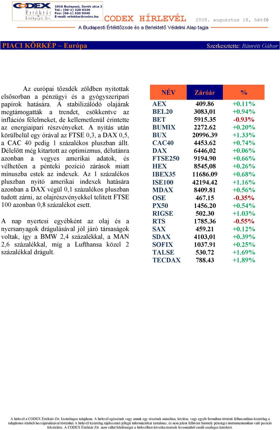 A nyitás után körülbelül egy órával az FTSE 0,3, a DAX 0,5, a CAC 40 pedig 1 százalékos pluszban állt.