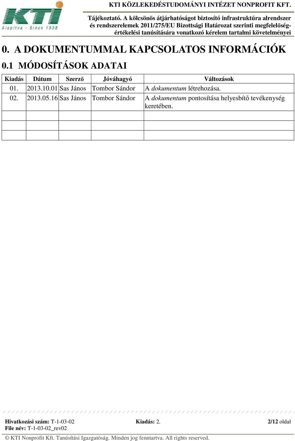 01 Sas János Tombor Sándor A dokumentum létrehozása. 02. 2013.05.