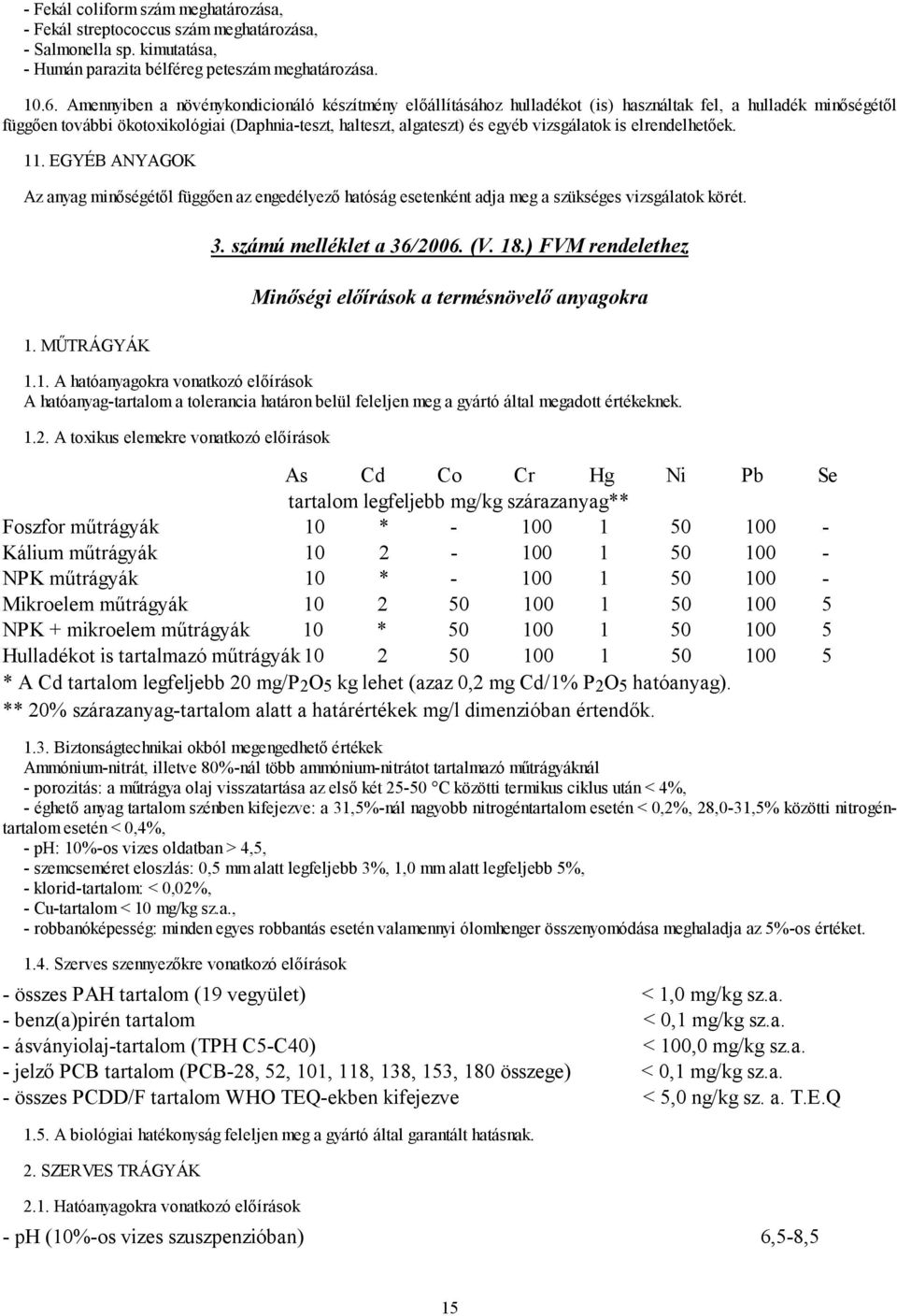 vizsgálatok is elrendelhetőek. 11. EGYÉB ANYAGOK Az anyag minőségétől függően az engedélyező hatóság esetenként adja meg a szükséges vizsgálatok körét. 1. MŰTRÁGYÁK 3. számú melléklet a 36/2006. (V.