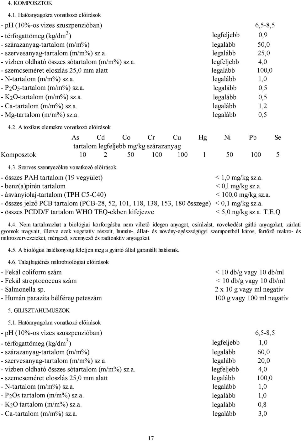 a. legalább 0,5 - K 2 O-tartalom (m/m%) sz.a. legalább 0,5 - Ca-tartalom (m/m%) sz.a. legalább 1,2 - Mg-tartalom (m/m%) sz.a. legalább 0,5 4.2. A toxikus elemekre vonatkozó előírások As Cd Co Cr Cu Hg Ni Pb Se tartalom legfeljebb mg/kg szárazanyag Komposztok 10 2 50 100 100 1 50 100 5 4.