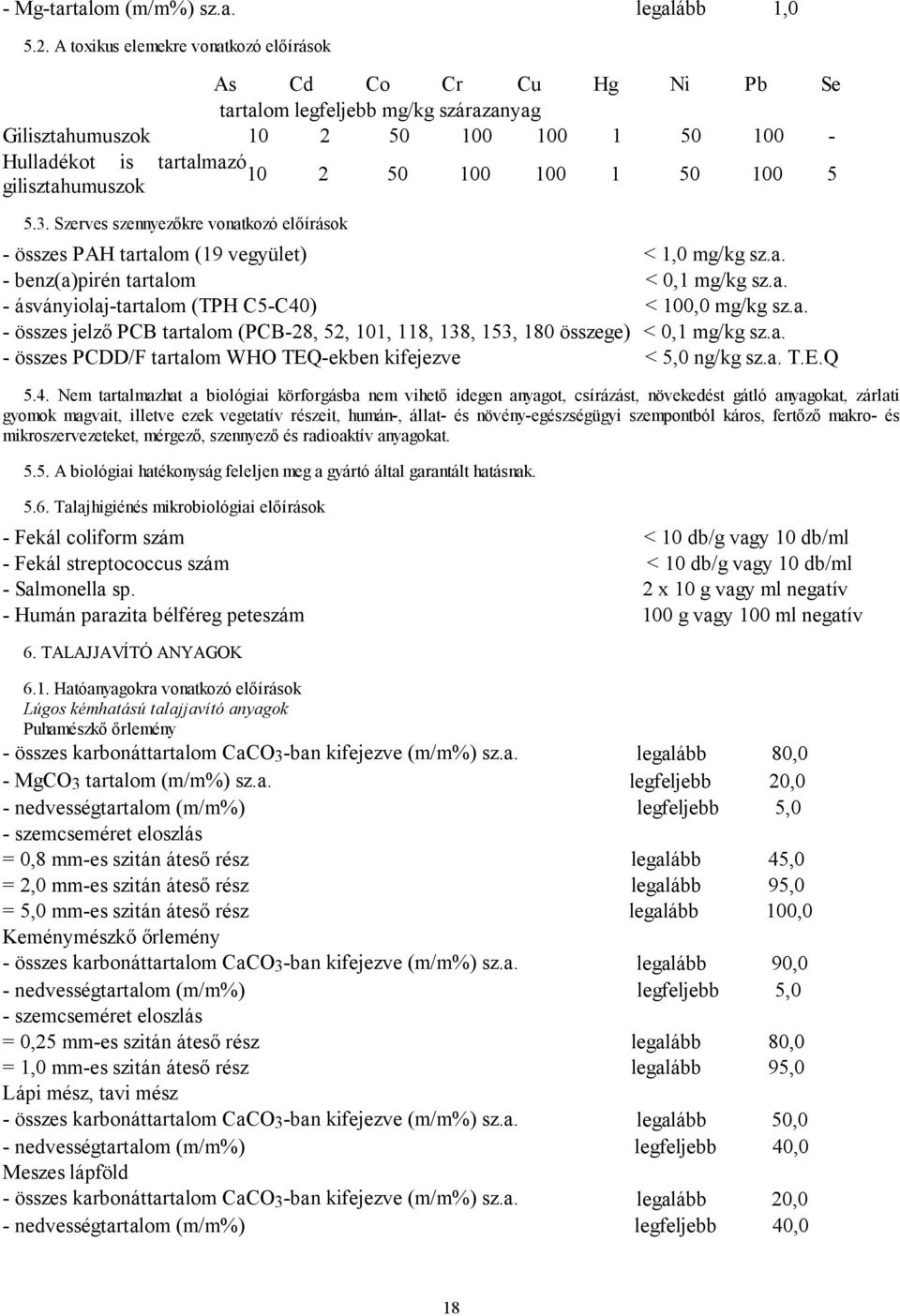 gilisztahumuszok 5.3. Szerves szennyezőkre vonatkozó előírások - összes PAH tartalom (19 vegyület) < 1,0 mg/kg sz.a. - benz(a)pirén tartalom < 0,1 mg/kg sz.a. - ásványiolaj-tartalom (TPH C5-C40) < 100,0 mg/kg sz.