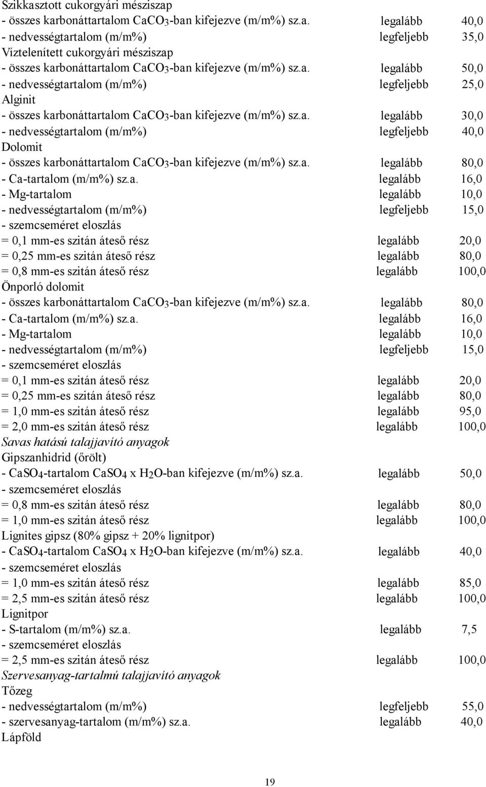 a. legalább 80,0 - Ca-tartalom (m/m%) sz.a. legalább 16,0 - Mg-tartalom legalább 10,0 - nedvességtartalom (m/m%) legfeljebb 15,0 - szemcseméret eloszlás = 0,1 mm-es szitán áteső rész legalább 20,0 =