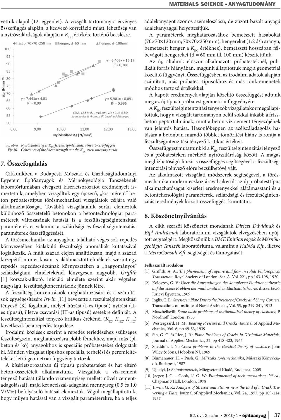 ábra Nyírószilárdság és K IIC feszültségintenzitási tényező összefüggése Fig 30. Coherence of the Shear strength ant the K IIC 7.
