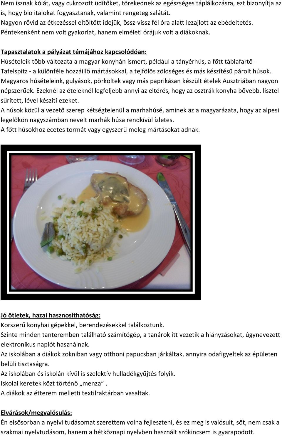 Tapasztalatok a pályázat témájához kapcsolódóan: Húsételeik több változata a magyar konyhán ismert, például a tányérhús, a főtt táblafartő Tafelspitz - a különféle hozzáillő mártásokkal, a tejfölös