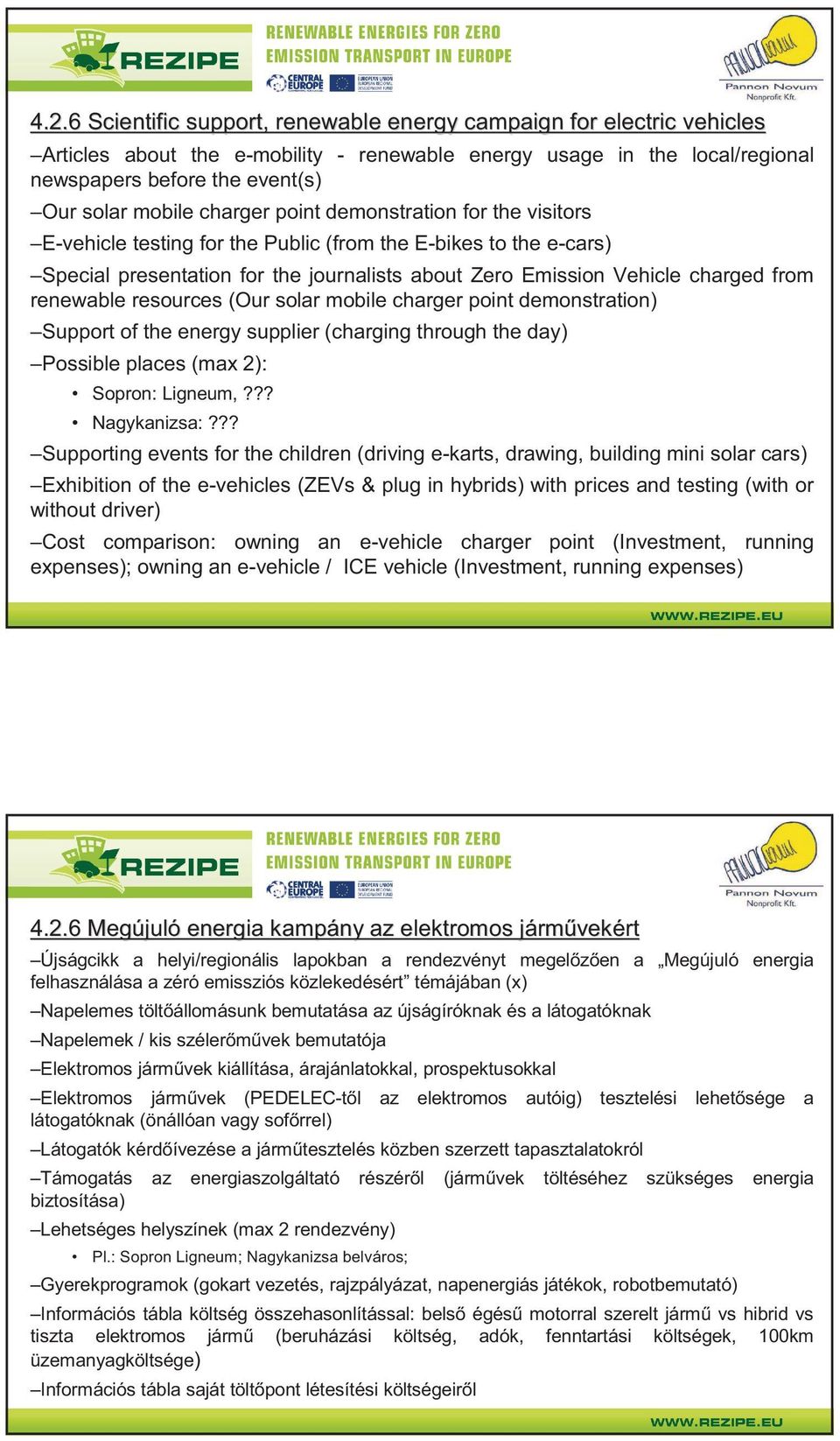 renewable resources (Our solar mobile charger point demonstration) Support of the energy supplier (charging through the day) Possible places (max 2): Sopron: Ligneum,??? Nagykanizsa:?