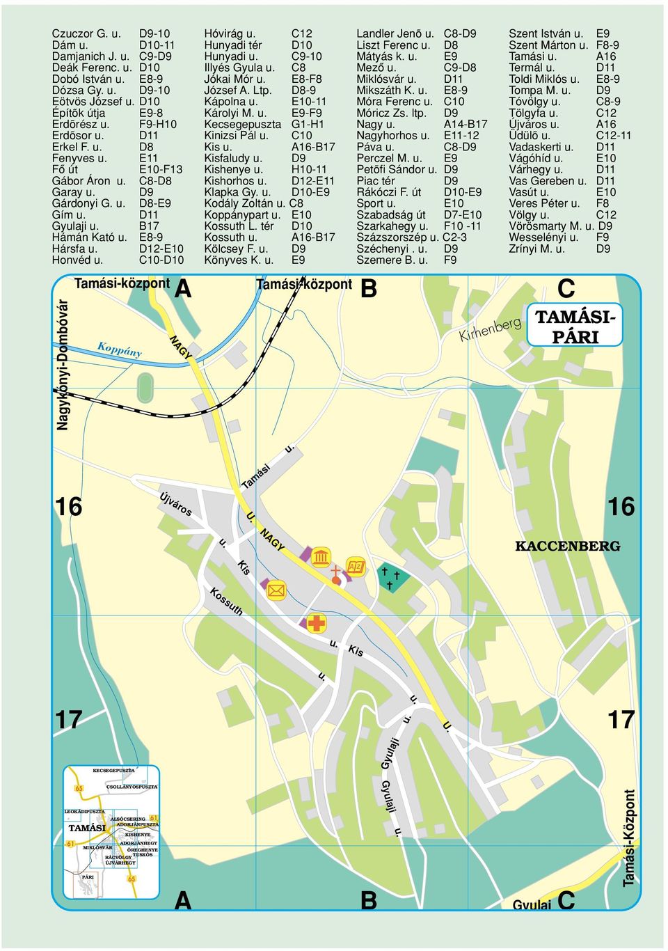 E-F Kecsegepuszta G1-H1 Kinizsi Pál C Kis A16-B17 Kisfaludy D Kishenye H- Kishorhos D-E Klapka Gy. D-E Kodály Zoltán C Koppánypart E Kossuth L. tér D Kossuth A16-B17 Kölcsey F. D Könyves K.