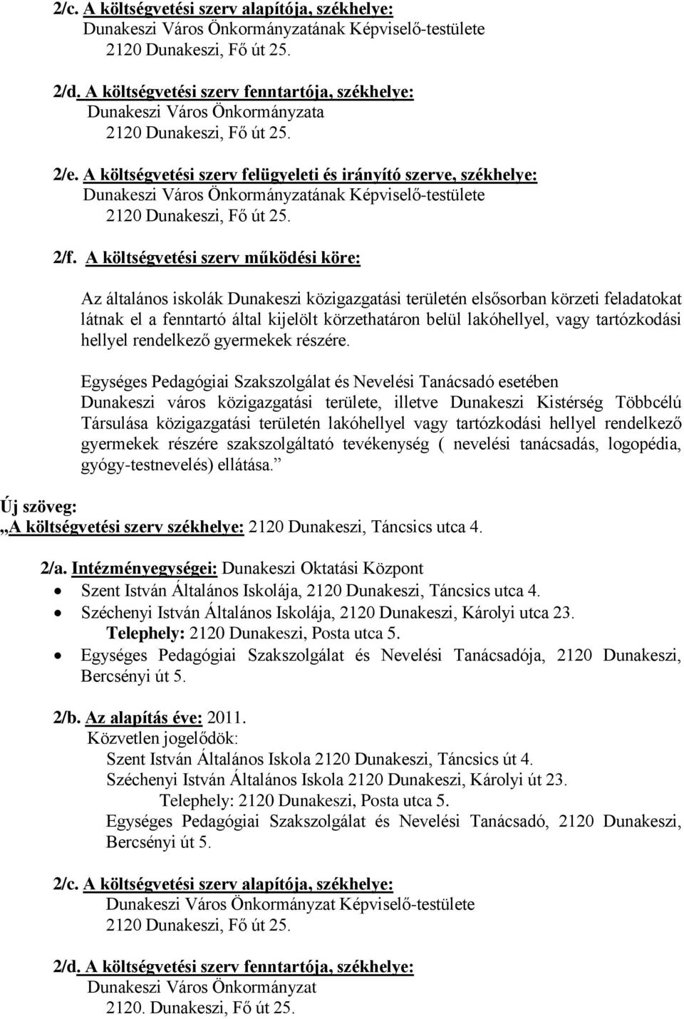 A költségvetési szerv működési köre: Az általános iskolák Dunakeszi közigazgatási területén elsősorban körzeti feladatokat látnak el a fenntartó által kijelölt körzethatáron belül lakóhellyel, vagy