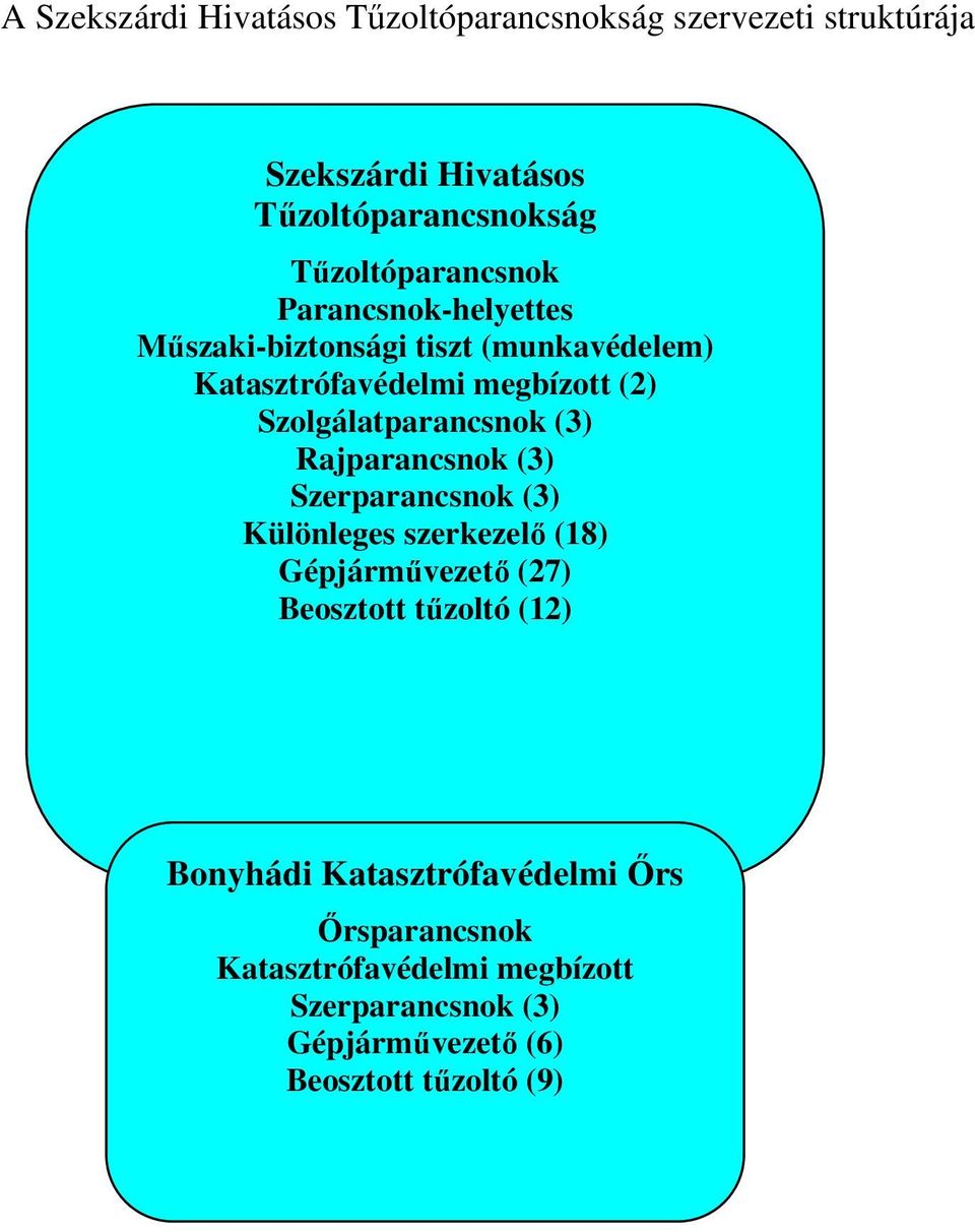 Szolgálatparancsnok (3) Rajparancsnok (3) Szerparancsnok (3) Különleges szerkezelı (18) Gépjármővezetı (27) Beosztott