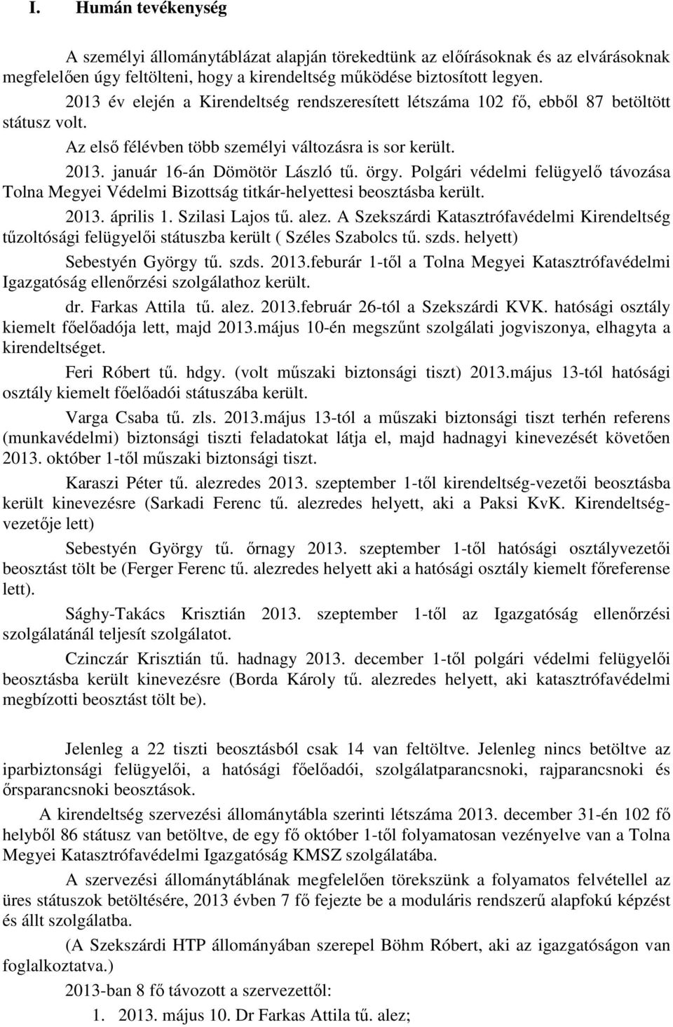 Polgári védelmi felügyelı távozása Tolna Megyei Védelmi Bizottság titkár-helyettesi beosztásba került. 2013. április 1. Szilasi Lajos tő. alez.