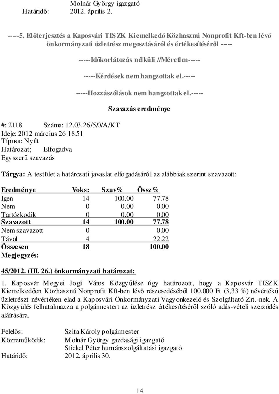 26/5/0/A/KT Ideje: 2012 március 26 18:51 Egyszerű szavazás -----Időkorlátozás nélküli //Méretlen----- -----Kérdések nem hangzottak el.----- -----Hozzászólások nem hangzottak el.