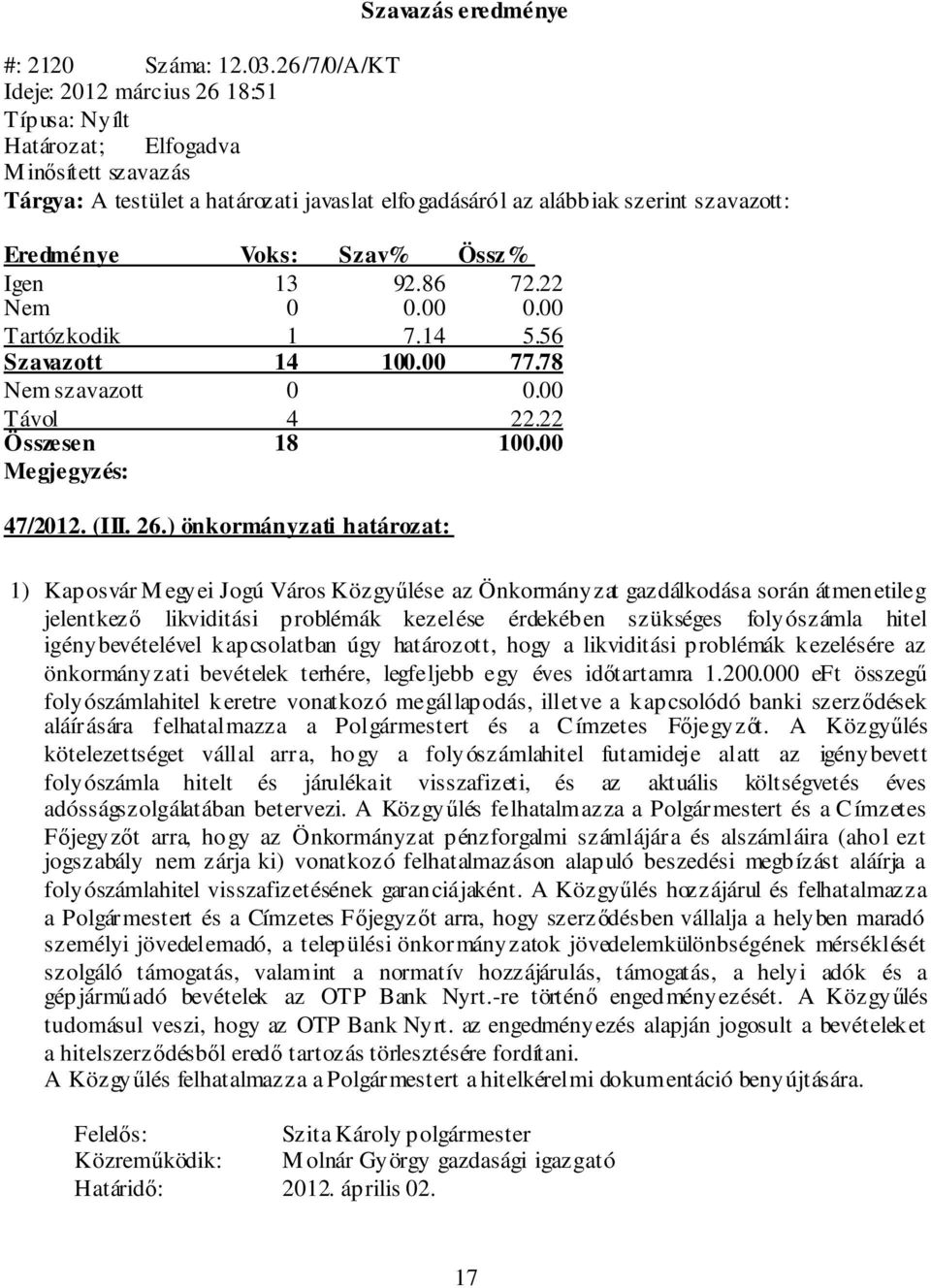 ) önkormányzati határozat: 1) Kaposvár M egyei Jogú Város Közgyűlése az Önkormányzat gazdálkodása során átmenetileg jelentkező likviditási problémák kezelése érdekében szükséges folyószámla hitel