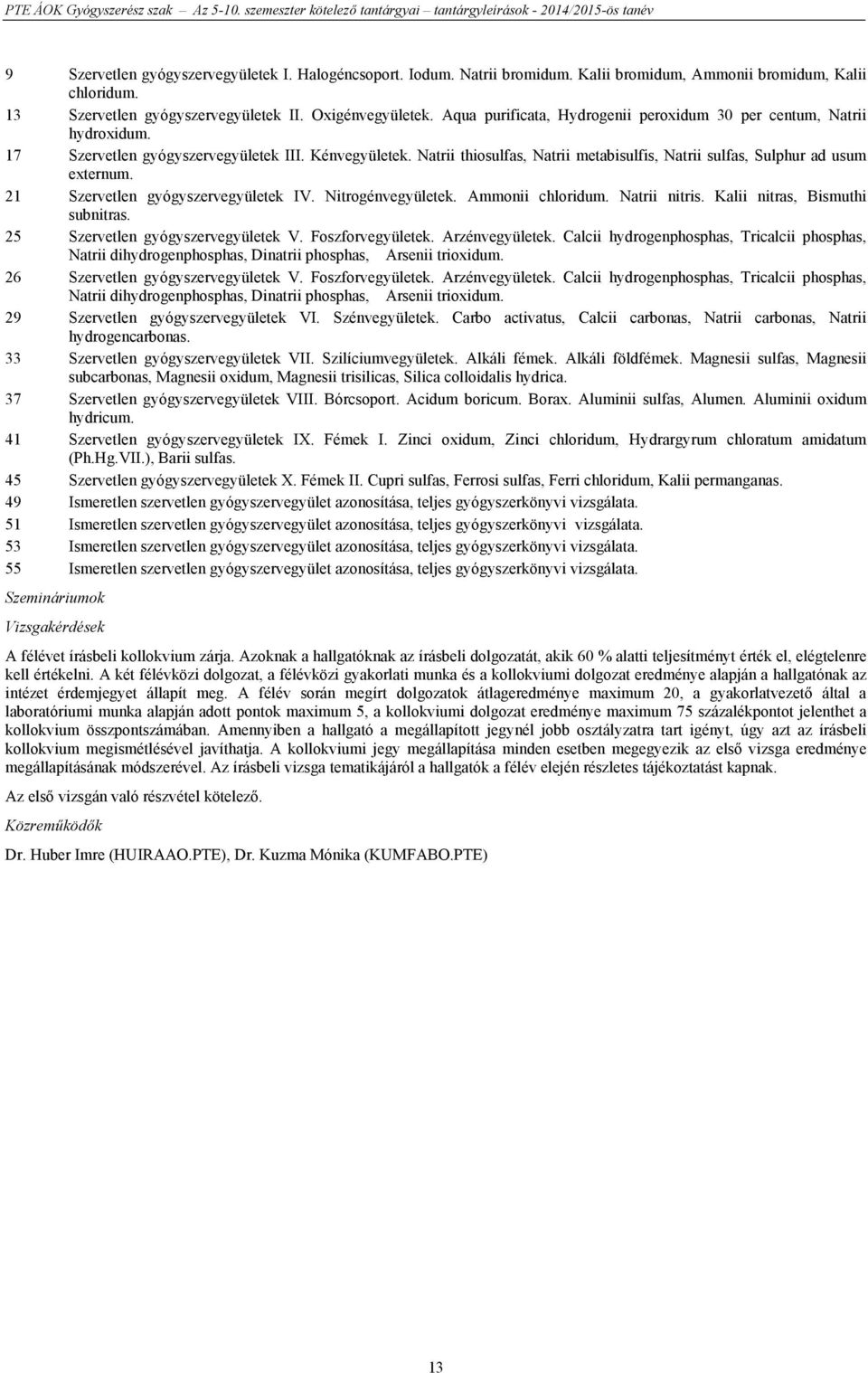 Natrii thiosulfas, Natrii metabisulfis, Natrii sulfas, Sulphur ad usum externum. 21 Szervetlen gyógyszervegyületek IV. Nitrogénvegyületek. Ammonii chloridum. Natrii nitris.