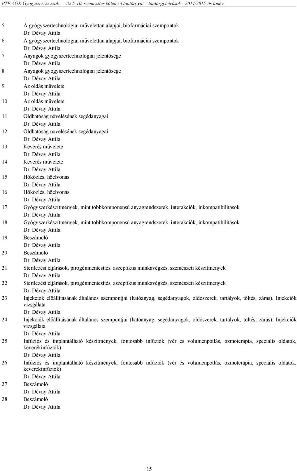 Hőközlés, hőelvonás 16 Hőközlés, hőelvonás 17 Gyógyszerkészítmények, mint többkomponensű anyagrendszerek, interakciók, inkompatibilitások 18 Gyógyszerkészítmények, mint többkomponensű