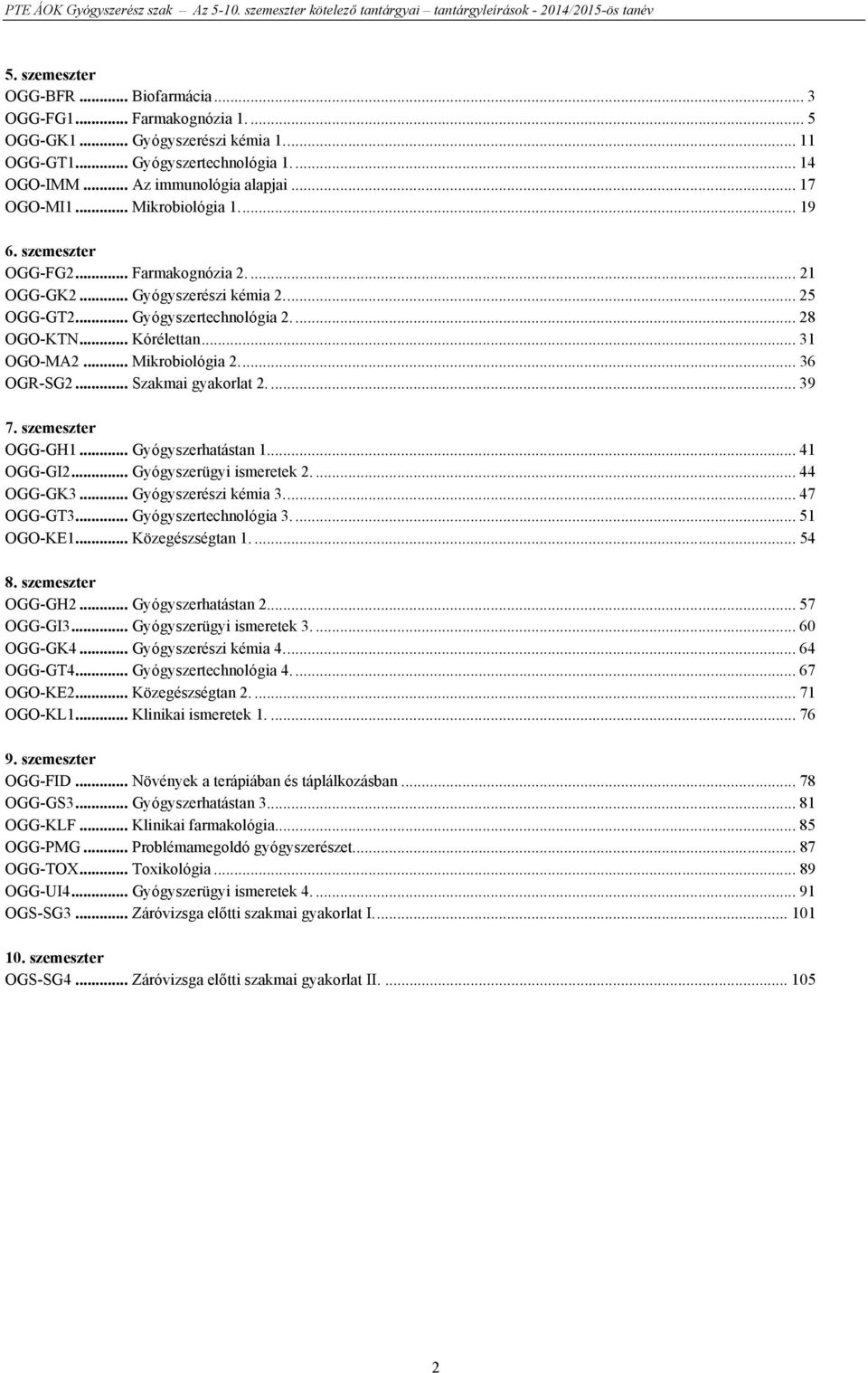 .. 31 OGO-MA2... Mikrobiológia 2.... 36 OGR-SG2... Szakmai gyakorlat 2.... 39 7. szemeszter OGG-GH1... Gyógyszerhatástan 1.... 41 OGG-GI2... Gyógyszerügyi ismeretek 2.... 44 OGG-GK3.