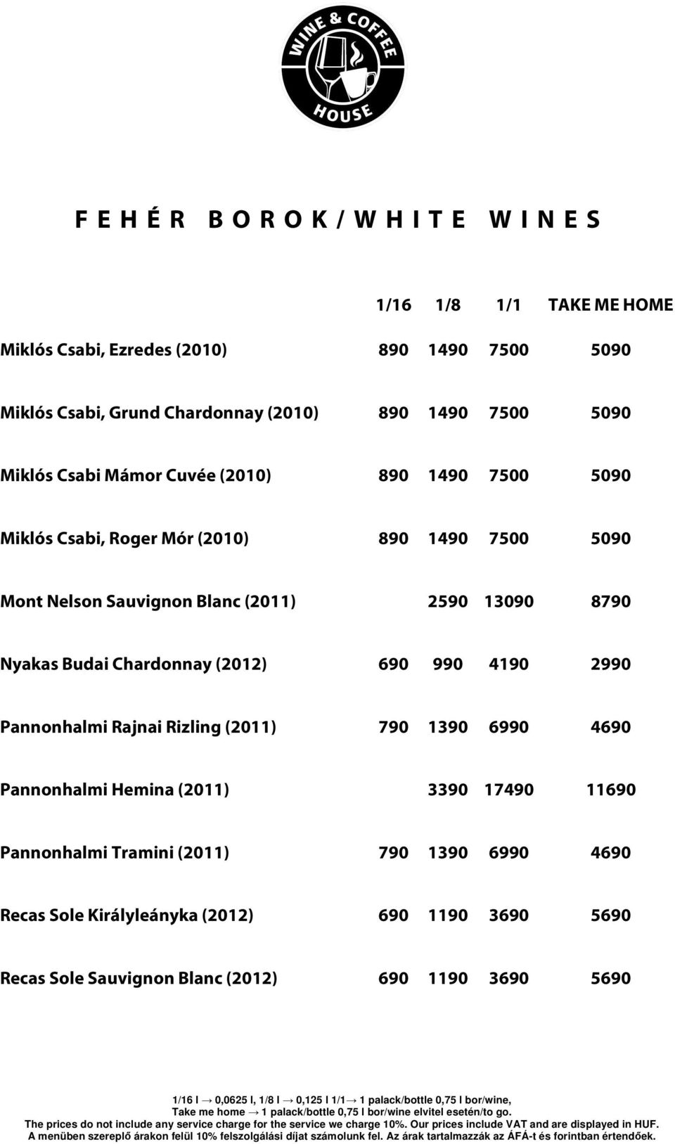2590 13090 8790 Nyakas Budai Chardonnay (2012) 690 990 4190 2990 Pannonhalmi Rajnai Rizling (2011) 790 1390 6990 4690 Pannonhalmi Hemina (2011) 3390 17490