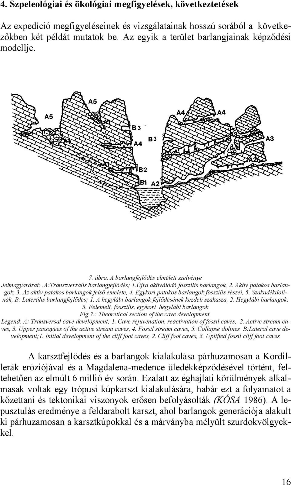 Aktív patakos barlangok, 3. Az aktív patakos barlangok felső emelete, 4. Egykori patakos barlangok fosszilis részei, 5. Szakadékdolinák, B: Laterális barlangfejlődés; 1.