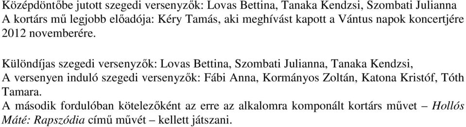 Különdíjas szegedi versenyzők: Lovas Bettina, Szombati Julianna, Tanaka Kendzsi, A versenyen induló szegedi versenyzők: Fábi