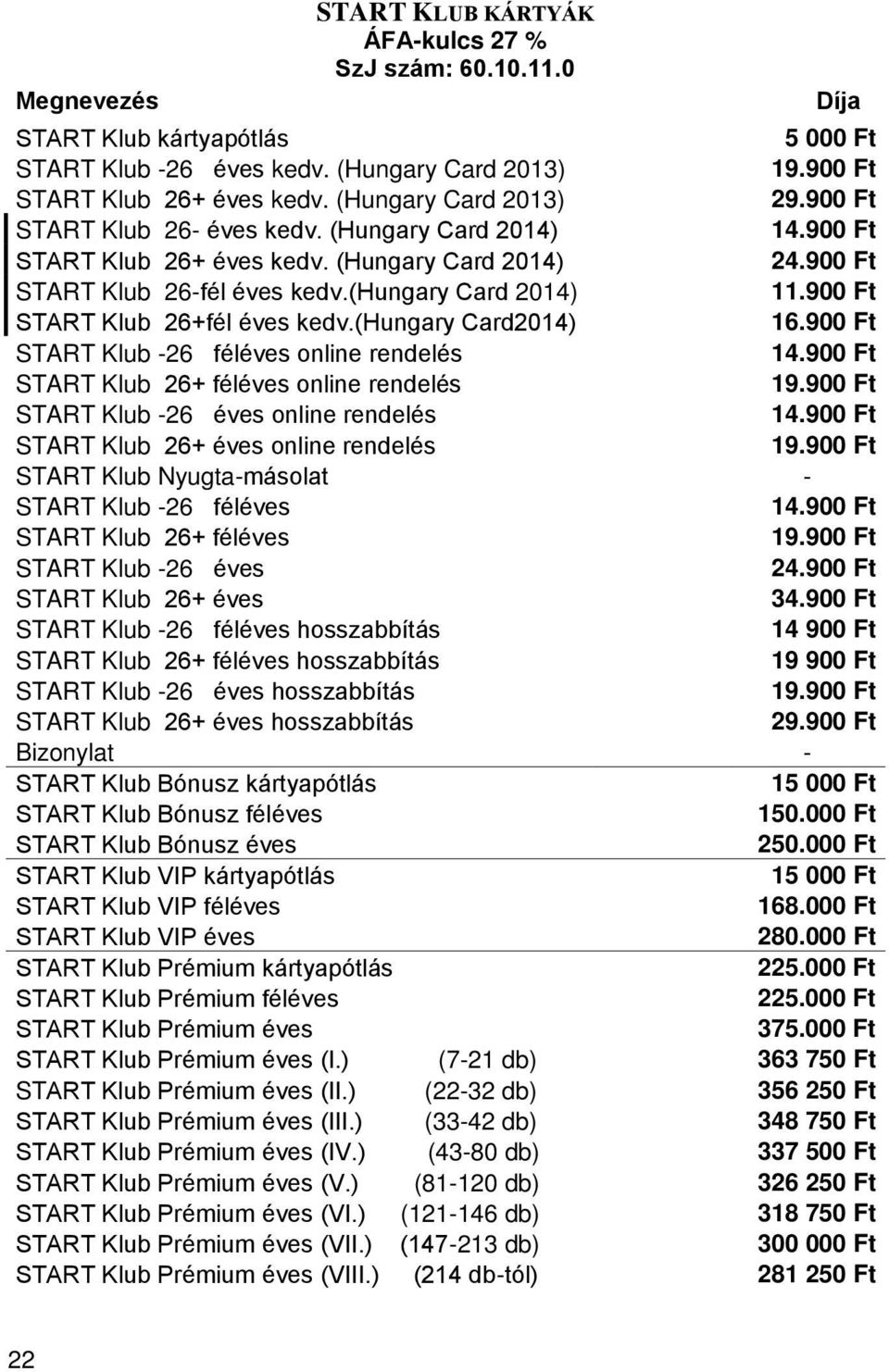 900 Ft START Klub 26+fél éves kedv.(hungary Card2014) 16.900 Ft START Klub -26 féléves online rendelés 14.900 Ft START Klub 26+ féléves online rendelés 19.
