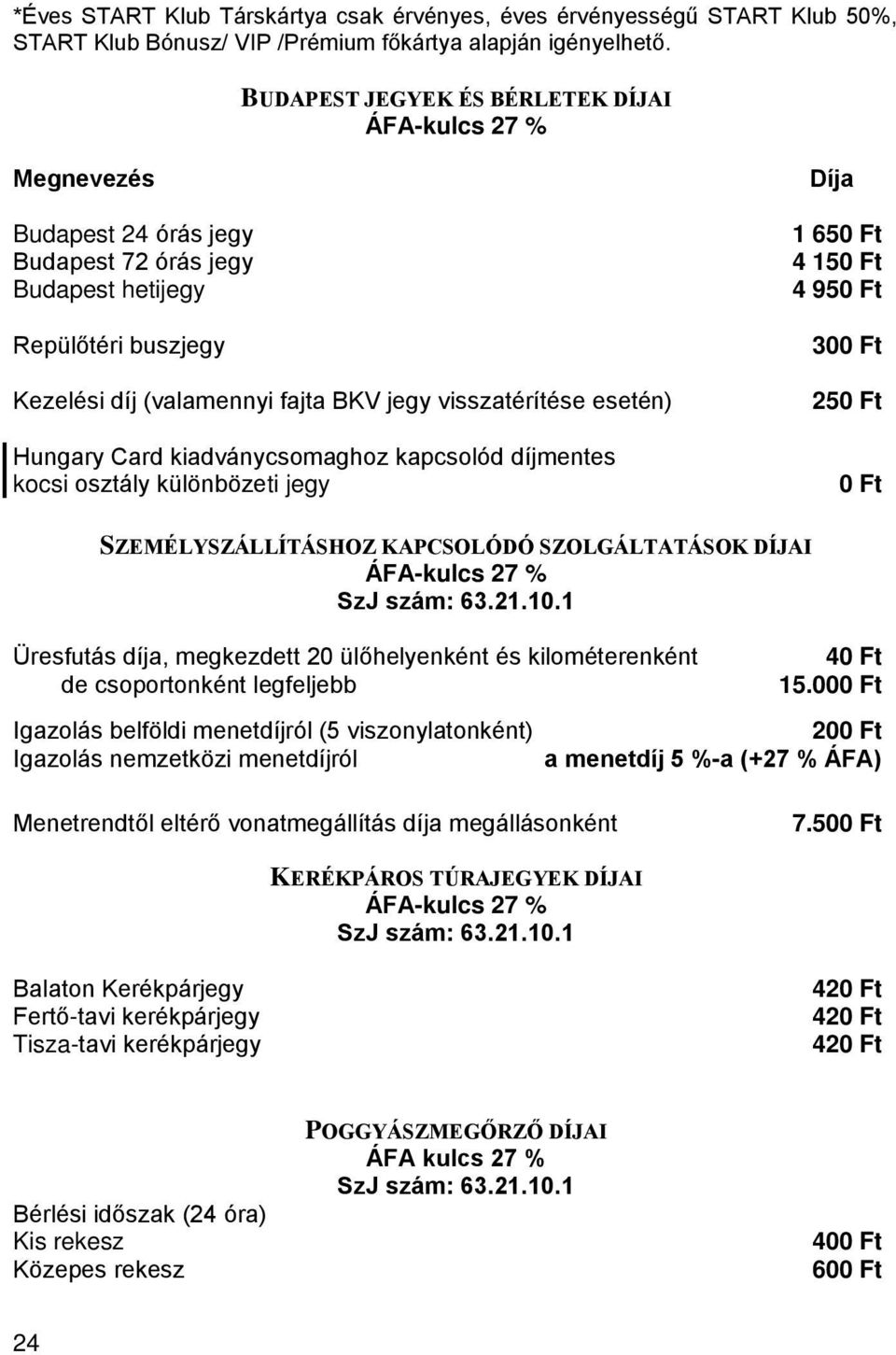 esetén) Hungary Card kiadványcsomaghoz kapcsolód díjmentes kocsi osztály különbözeti jegy Díja 1 650 Ft 4 150 Ft 4 950 Ft 250 Ft 0 Ft SZEMÉLYSZÁLLÍTÁSHOZ KAPCSOLÓDÓ SZOLGÁLTATÁSOK DÍJAI ÁFA-kulcs 27