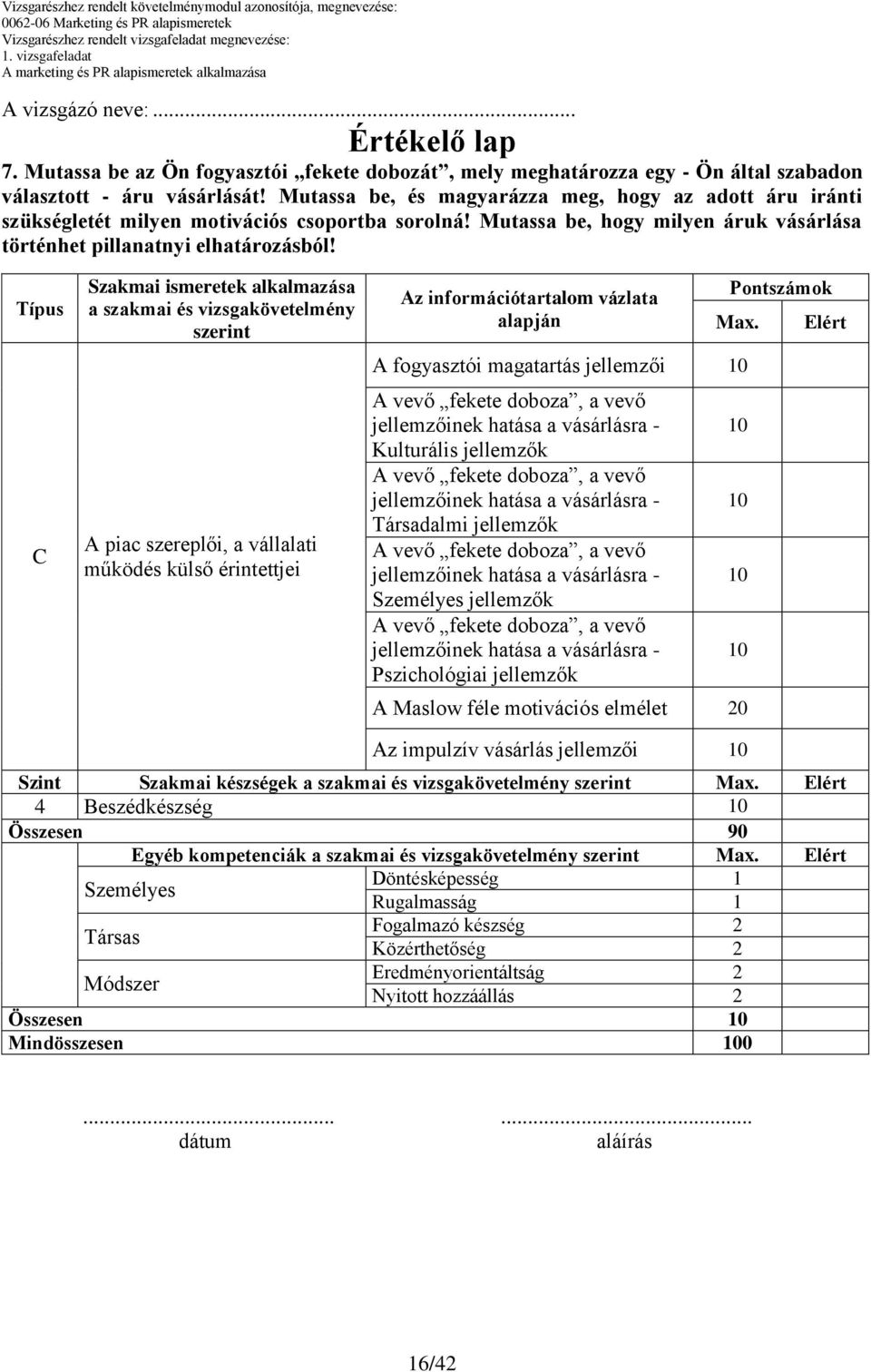 Típus C Szakmai ismeretek alkalmazása a szakmai és vizsgakövetelmény szerint A piac szereplői, a vállalati működés külső érintettjei Az információtartalom vázlata alapján Pontszámok Max.