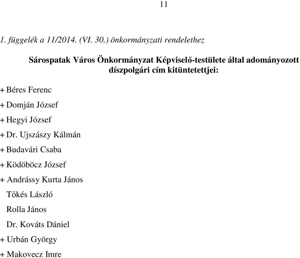 Képviselő-testülete által adományozott díszpolgári cím kitüntetettjei: + Domján József +