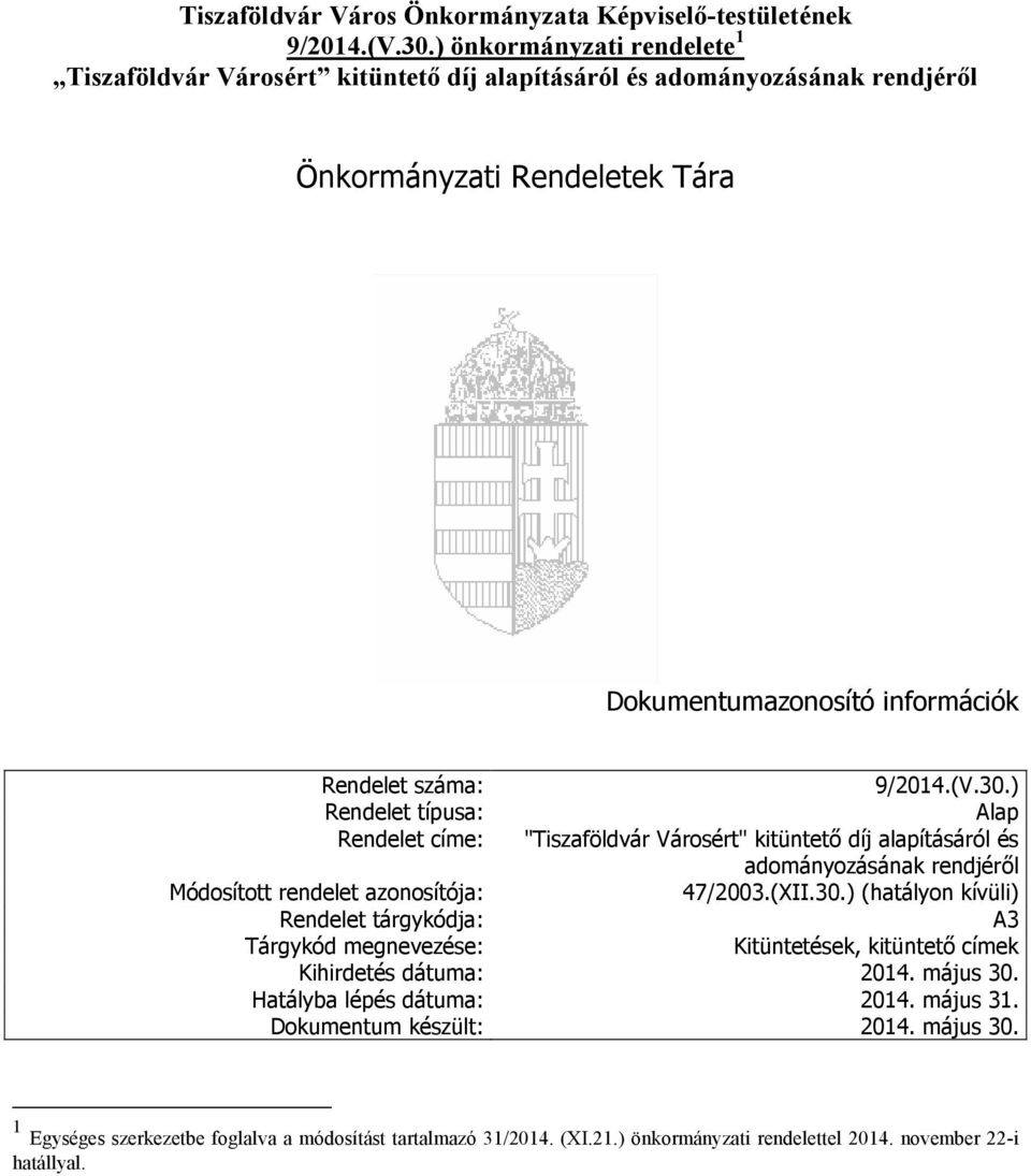 ) Rendelet típusa: Alap Rendelet címe: "Tiszaföldvár Városért" kitüntető díj alapításáról és adományozásának rendjéről Módosított rendelet azonosítója: 47/2003.(XII.30.