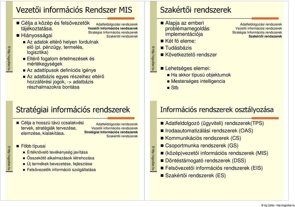 bontása Adatfeldolgozási rendszerek Vezetıi információs rendszerek Stratégiai Információs rendszerek Szakértıi rendszerek Alapja az emberi problémamegoldás implementációja Két fı eleme: Tudásbázis