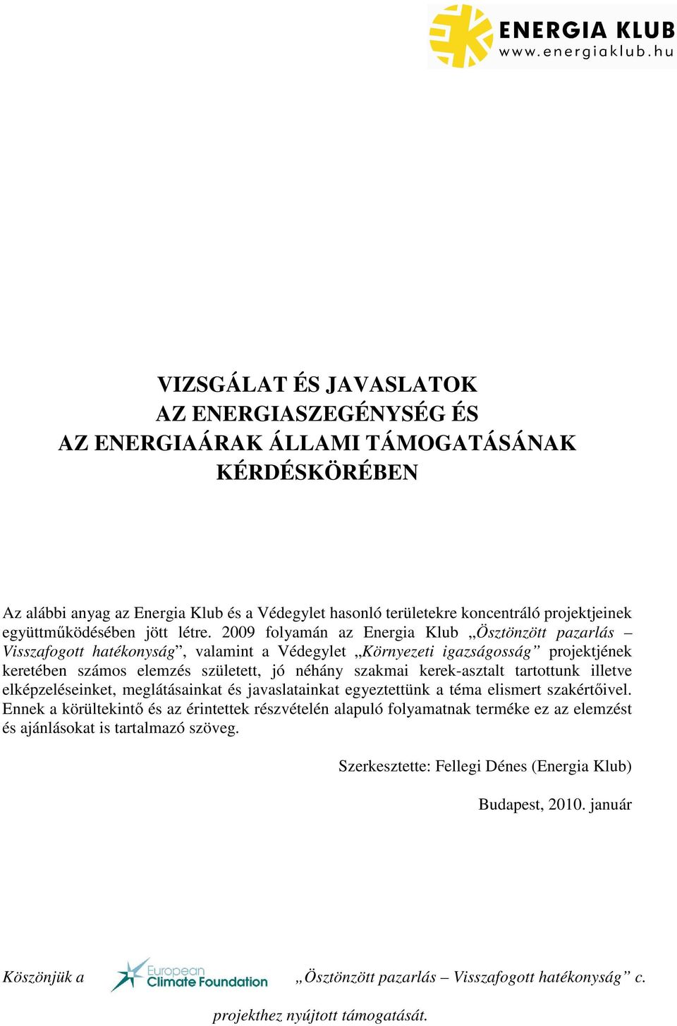 2009 folyamán az Energia Klub Ösztönzött pazarlás Visszafogott hatékonyság, valamint a Védegylet Környezeti igazságosság projektjének keretében számos elemzés született, jó néhány szakmai