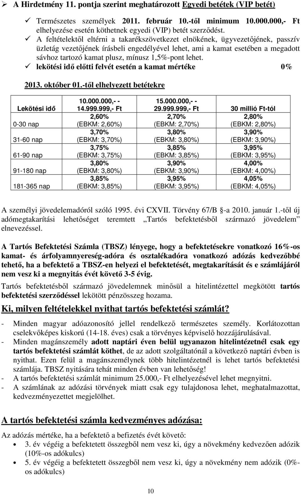 1,5%-pont lehet. lekötési idő előtti felvét esetén a kamat mértéke 0% 2013. október 01.-től elhelyezett betétekre Lekötési idő 0-30 nap 31-60 nap 61-90 nap 91-180 nap 181-365 nap 10.000.000,- - 14.