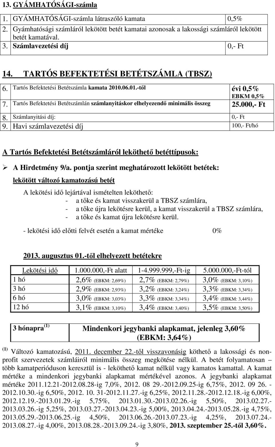 Tartós Befektetési Betétszámlán számlanyitáskor elhelyezendő minimális összeg 25.000,- Ft 8. Számlanyitási díj: 0,- Ft 9.