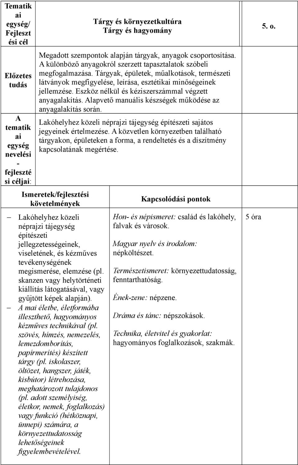 Eszköz nélkül és kéziszerszámmal végzett anyagalakítás. Alapvető manuális készségek működése az anyagalakítás során. Lakóhelyhez közeli néprajzi tájegység építészeti sajátos jegyeinek értelmezése.