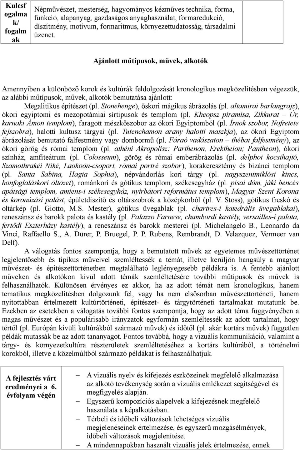 Ajánlott műtípusok, művek, alkotók Amennyiben a különböző korok és kultúrák feldolgozását kronologikus megközelítésben végezzük, az alábbi műtípusok, művek, alkotók bemutatása ajánlott: Megalitikus