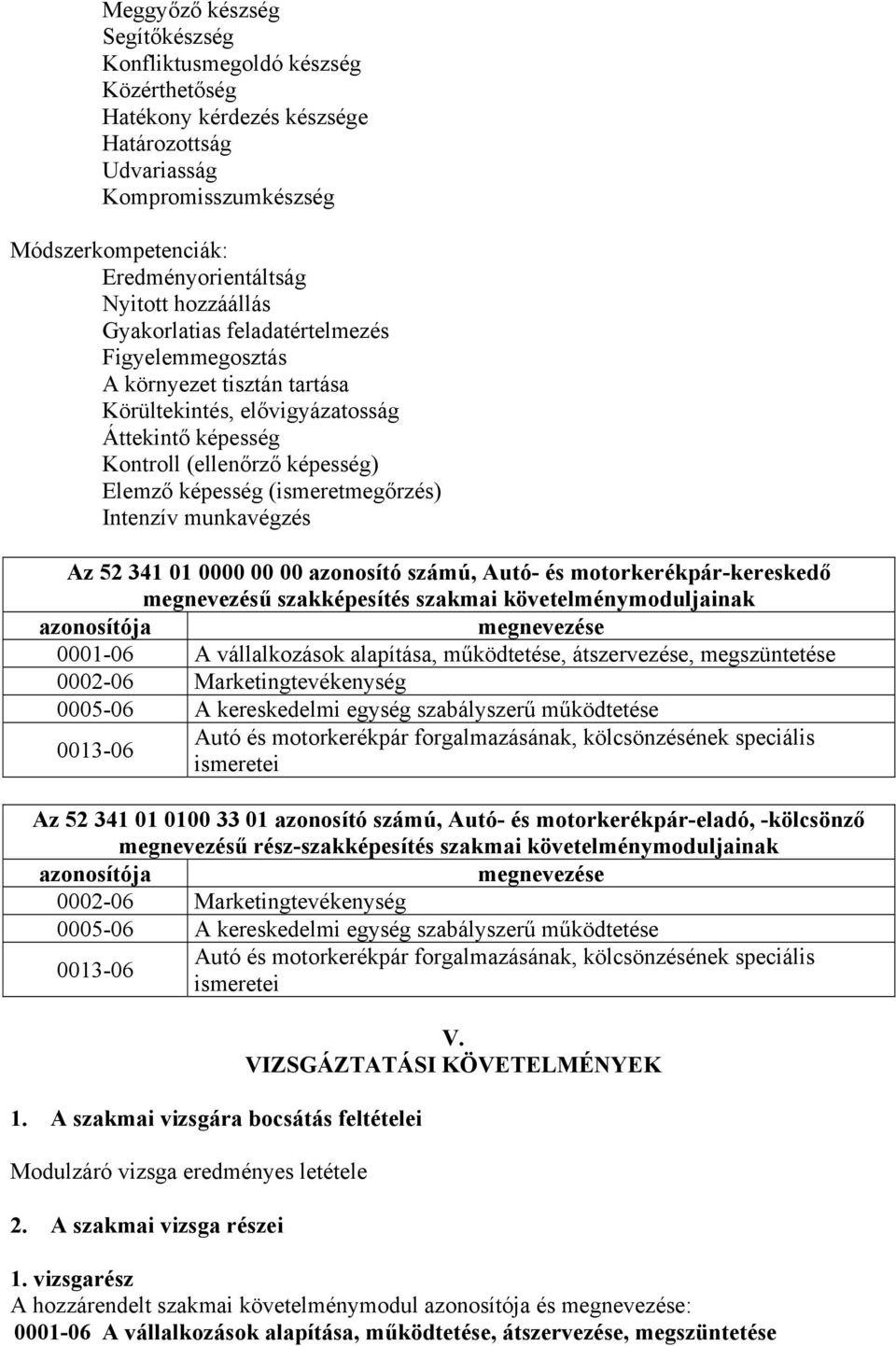 (ismeretmegőrzés) Intenzív munkavégzés Az 52 341 01 0000 00 00 azonosító számú, Autó- és motorkerékpár-kereskedő megnevezésű szakképesítés szakmai követelménymoduljainak azonosítója megnevezése