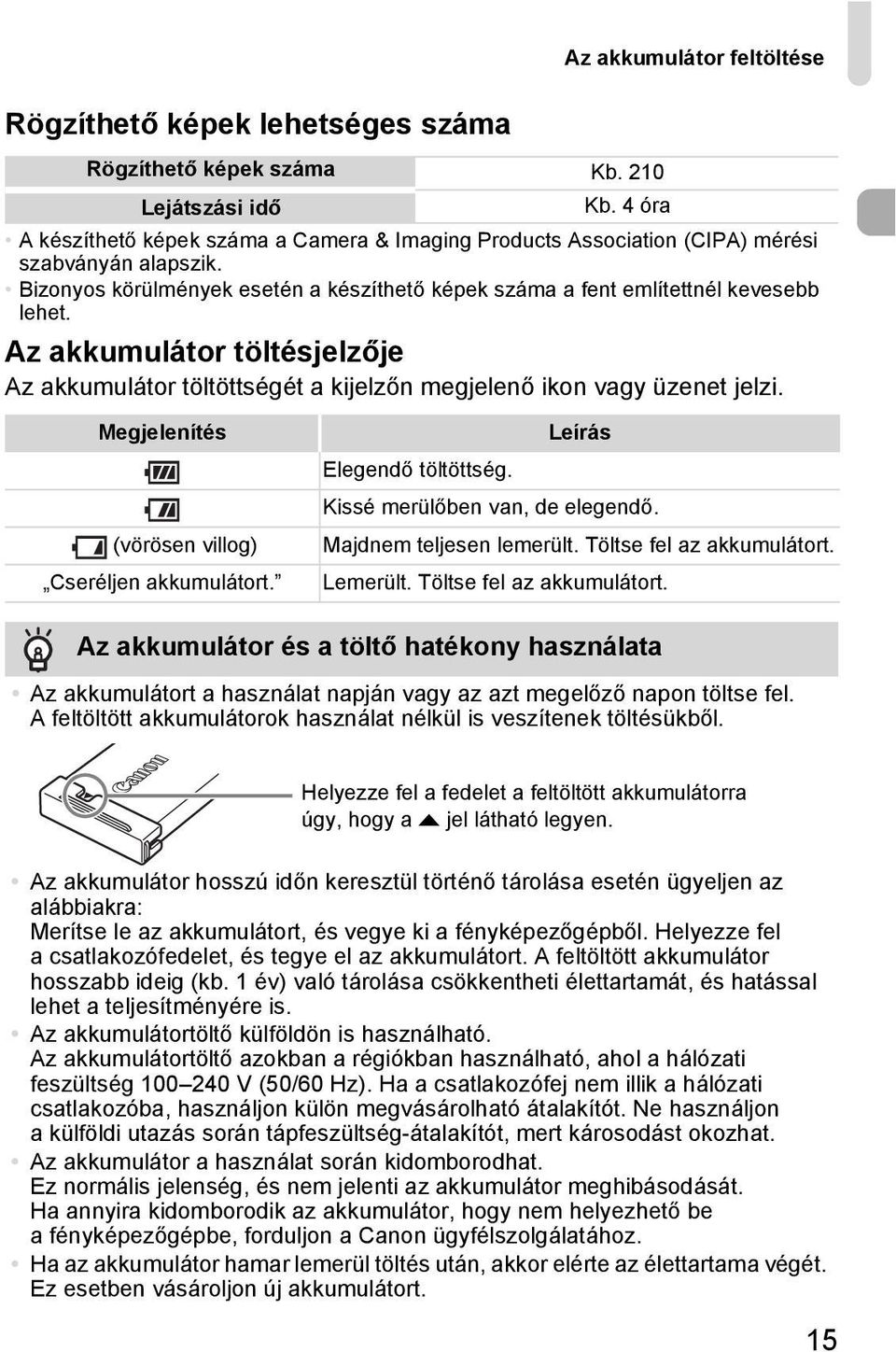 Az akkumulátor töltésjelzője Az akkumulátor töltöttségét a kijelzőn megjelenő ikon vagy üzenet jelzi. Megjelenítés (vörösen villog) Cseréljen akkumulátort. Leírás Elegendő töltöttség.