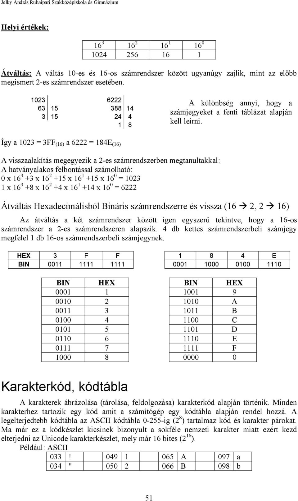 Így a 1023 = 3FF (16) a 6222 = 184E (16) A visszaalakítás megegyezik a 2-es számrendszerben megtanultakkal: A hatványalakos felbontással számolható: 0 x 16 3 +3 x 16 2 +15 x 16 1 +15 x 16 0 = 1023 1