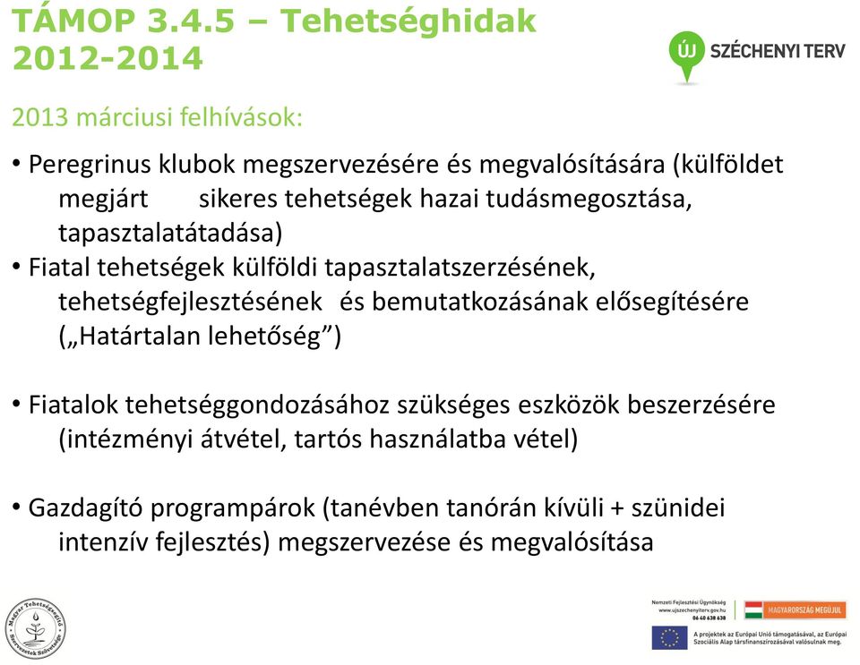 bemutatkozásának elősegítésére ( Határtalan lehetőség ) Fiatalok tehetséggondozásához szükséges eszközök beszerzésére (intézményi