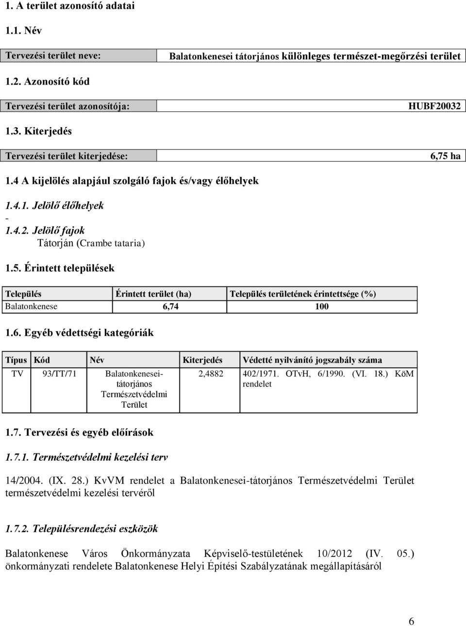 6. Egyéb védettségi kategóriák Típus Kód Név Kiterjedés Védetté nyilvánító jogszabály száma TV 93/TT/71 Balatonkeneseitátorjános Természetvédelmi Terület 2,4882 402/1971. OTvH, 6/1990. (VI. 18.