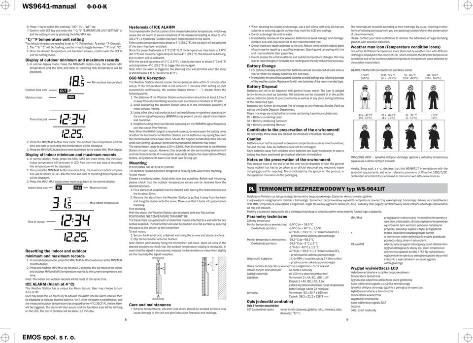 Once the desired temperature unit has been chosen, confirm with the SET to exit the setting mode. Display of outdoor minimum and maximum records 1.