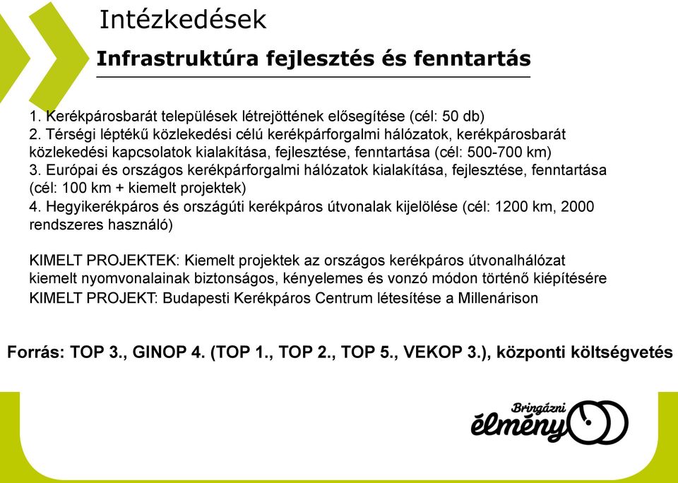 Európai és országos kerékpárforgalmi hálózatok kialakítása, fejlesztése, fenntartása (cél: 100 km + kiemelt projektek) 4.
