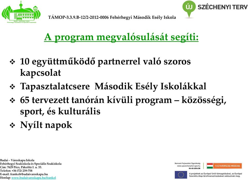 szoros kapcsolat Tapasztalatcsere Második Esély Iskolákkal 65 tervezett tanórán kívüli program közösségi, sport, és