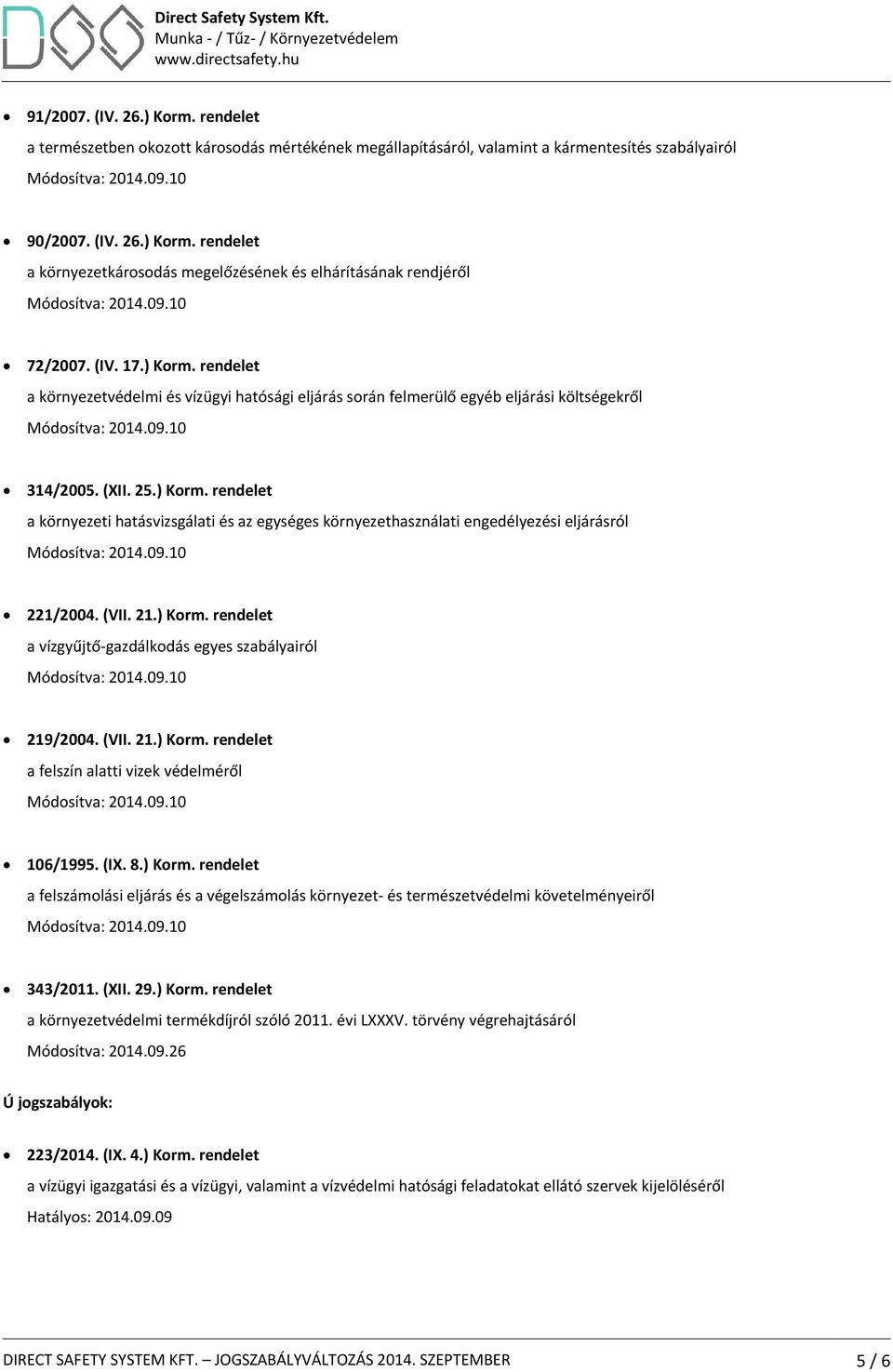 (VII. 21.) Korm. rendelet a vízgyűjtő-gazdálkodás egyes szabályairól 219/2004. (VII. 21.) Korm. rendelet a felszín alatti vizek védelméről 106/1995. (IX. 8.) Korm. rendelet a felszámolási eljárás és a végelszámolás környezet- és természetvédelmi követelményeiről 343/2011.