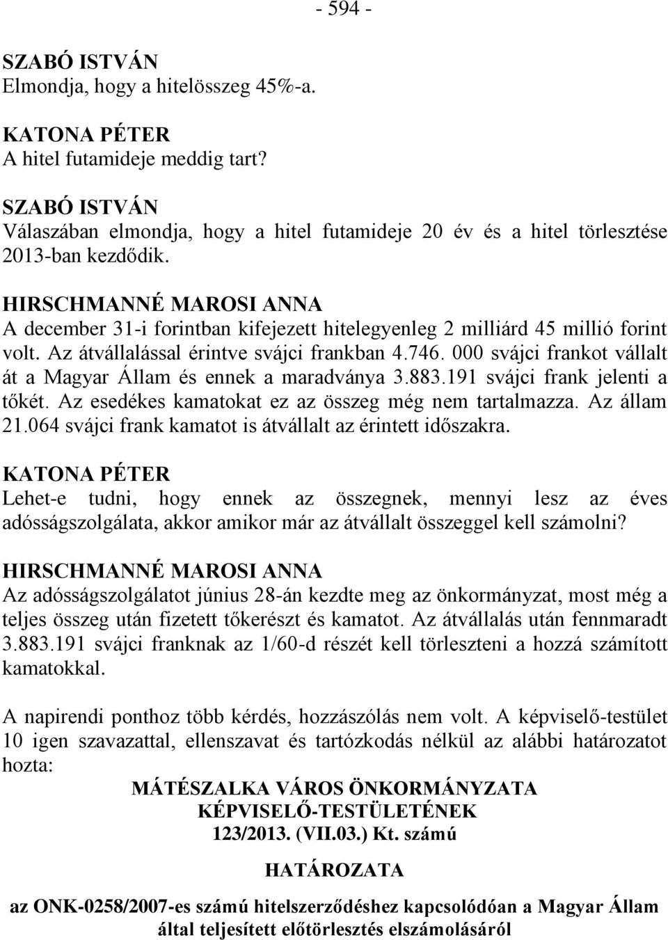 HIRSCHMANNÉ MAROSI ANNA A december 31-i forintban kifejezett hitelegyenleg 2 milliárd 45 millió forint volt. Az átvállalással érintve svájci frankban 4.746.