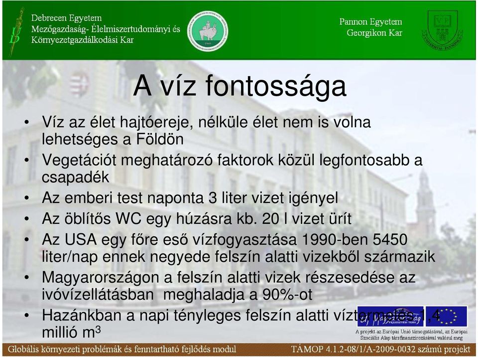 20 l vizet ürít Az USA egy fıre esı vízfogyasztása 1990-ben 5450 liter/nap ennek negyede felszín alatti vizekbıl származik